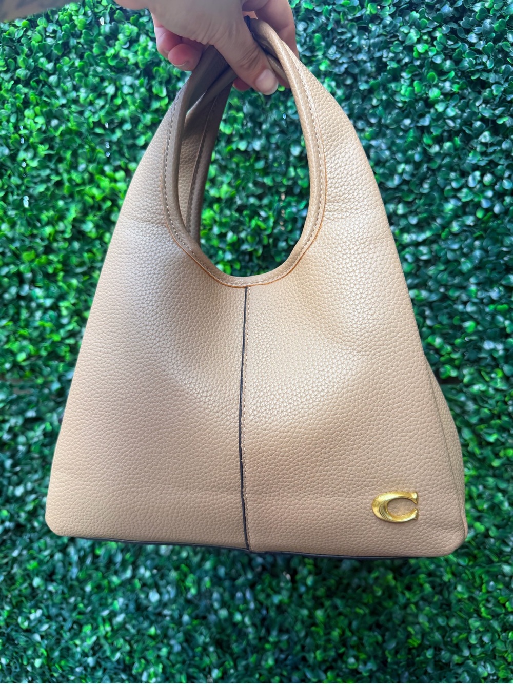 Coach Pebbled Leather Shoulder Bag in Taupe with Gold Accent